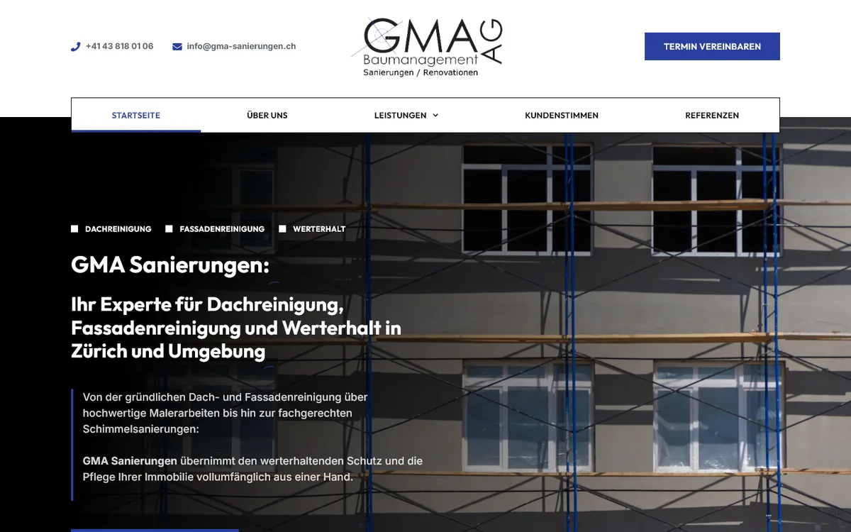 Startseite von GMA Sanierungen mit eingerüsteter Fassade