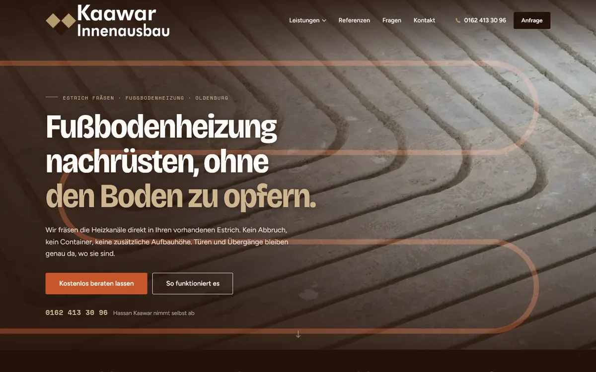 Startseite von Kaawar Innenausbau mit gefrästen Heizkanälen im Estrich