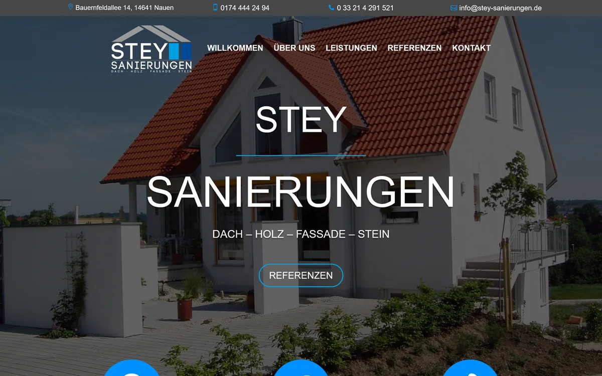 Startseite von Stey Sanierungen mit Einfamilienhaus und rotem Ziegeldach